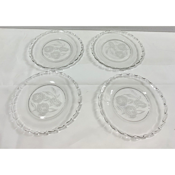 4 Fostoria Camellia Salad Dessert Plates 7.5" Clear Etched‎ Glass Roses Vintage - Picture 3 of 11